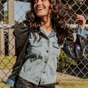 Queen of Sparkles Black Sequin Puff Sleeve Denim Jacket Small NWT